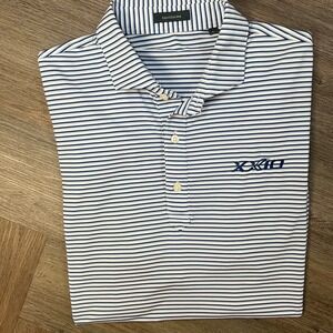 Turtleson Polo Shirt Mens Large Blue White Striped Golf Short Sleeve XXIO Logo‎